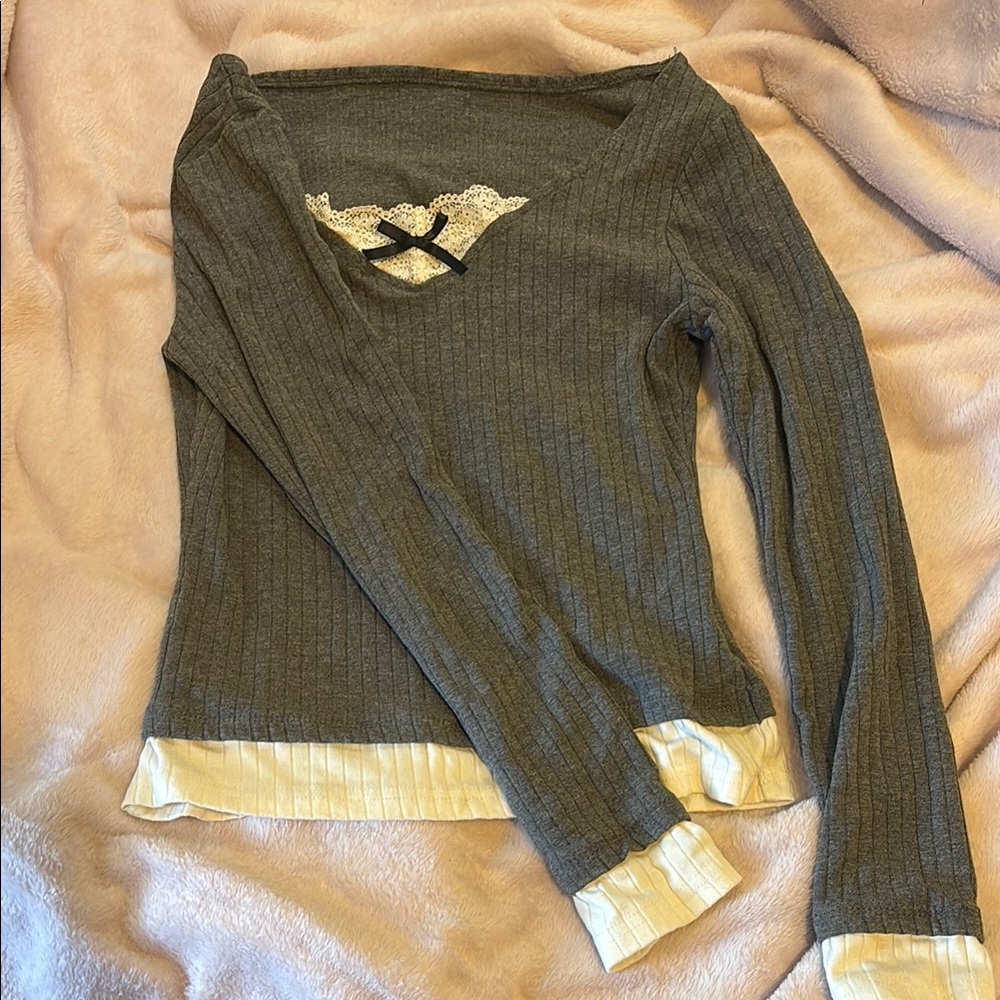Gray Long Sleeve Top with Lace Detail